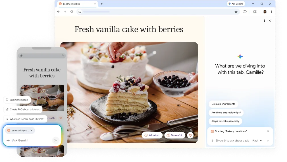 A pop-up over a cake recipe webpage asks how Gemini in Chrome can help. The feature is on both desktop and mobile.