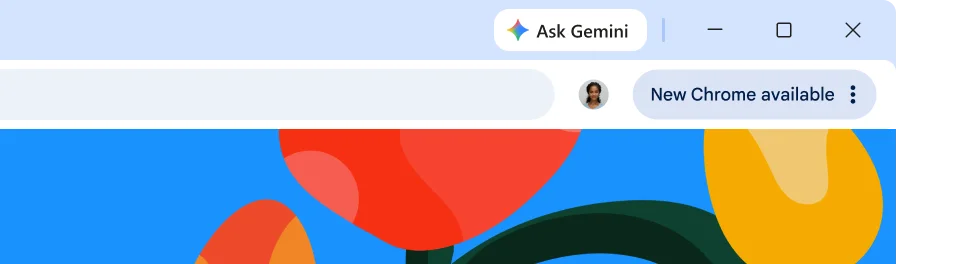A browser UI features a green Update pill which tells the user it’s ready to be restarted for an automatic update.