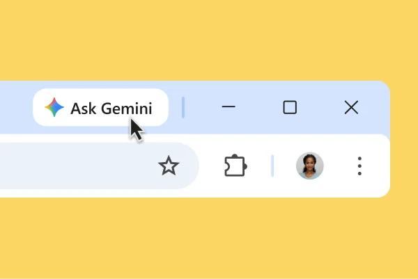 A Gemini icon is shown at the top of a Chrome browser bar. The user hovers on the icon. A tooltip reads 'Gemini in Chrome.'