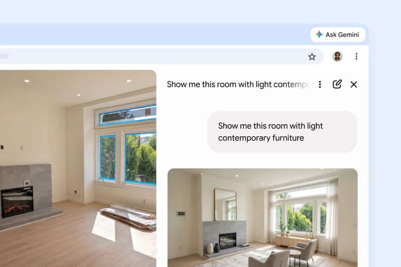 A user asks Gemini in Chrome to add light contemporary furniture to an image of a living room from a webpage.