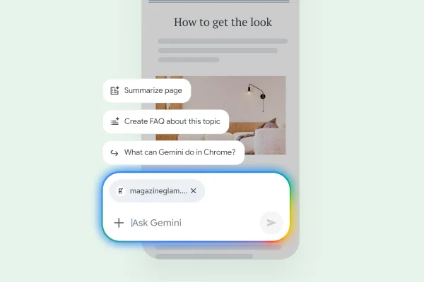 Over a webpage on a mobile phone, controls let the user summarize the page, find related sites, or ask Gemini a question.
