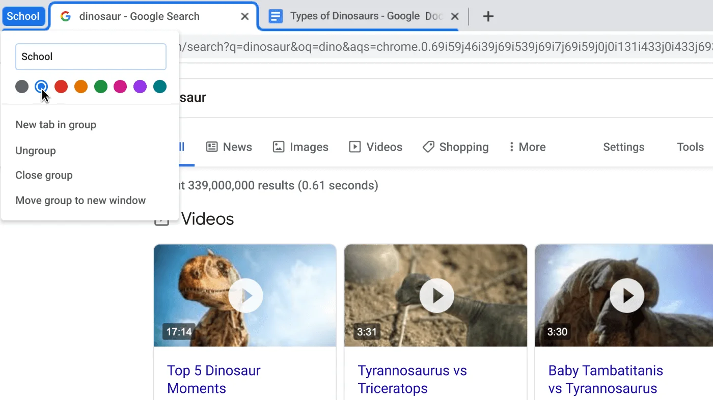 Chrome browser window with dialog box showing the naming of a tab group