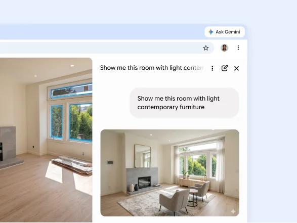 A user asks Gemini in Chrome to add light contemporary furniture to an image of a living room from a webpage