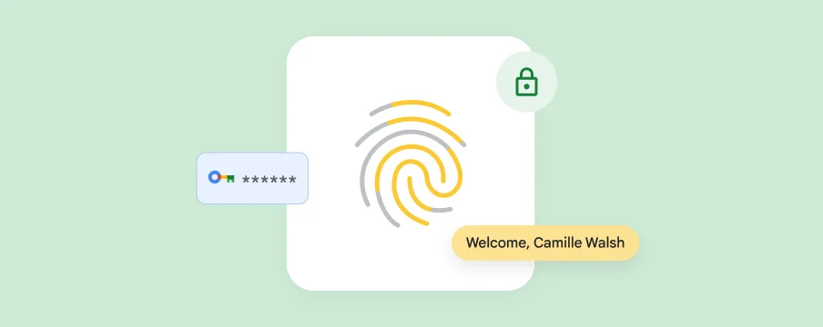 A fingerprint with security icons shows how passkeys make signing in simpler and more secure